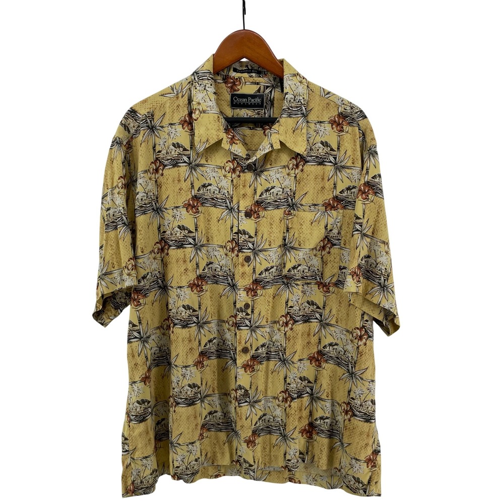 Ocean‎ Pacific OP Mens XXL 100% Silk Hawaiian Shirt Yellow Tropical Aloha Camp
